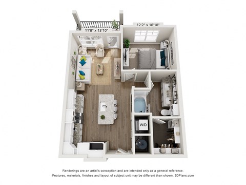 Floor plan for 1 bed, 1 bath, 722 sqft